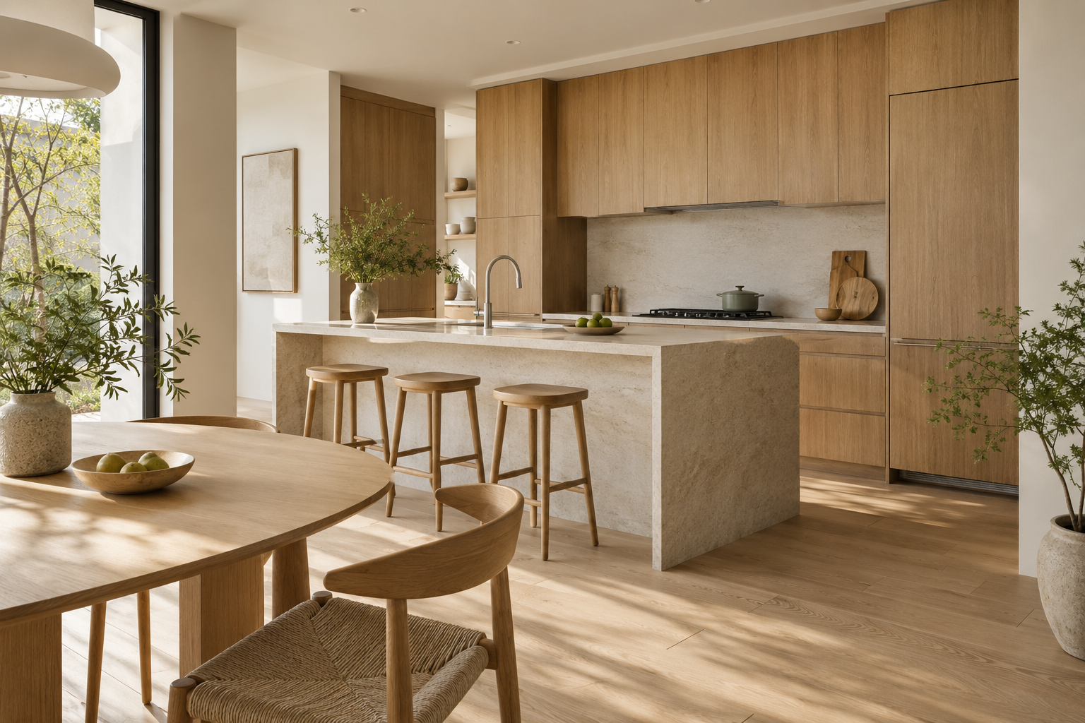 AI-generated concept of a quiet dining space with oak cabinetry, a stone island and soft daylight