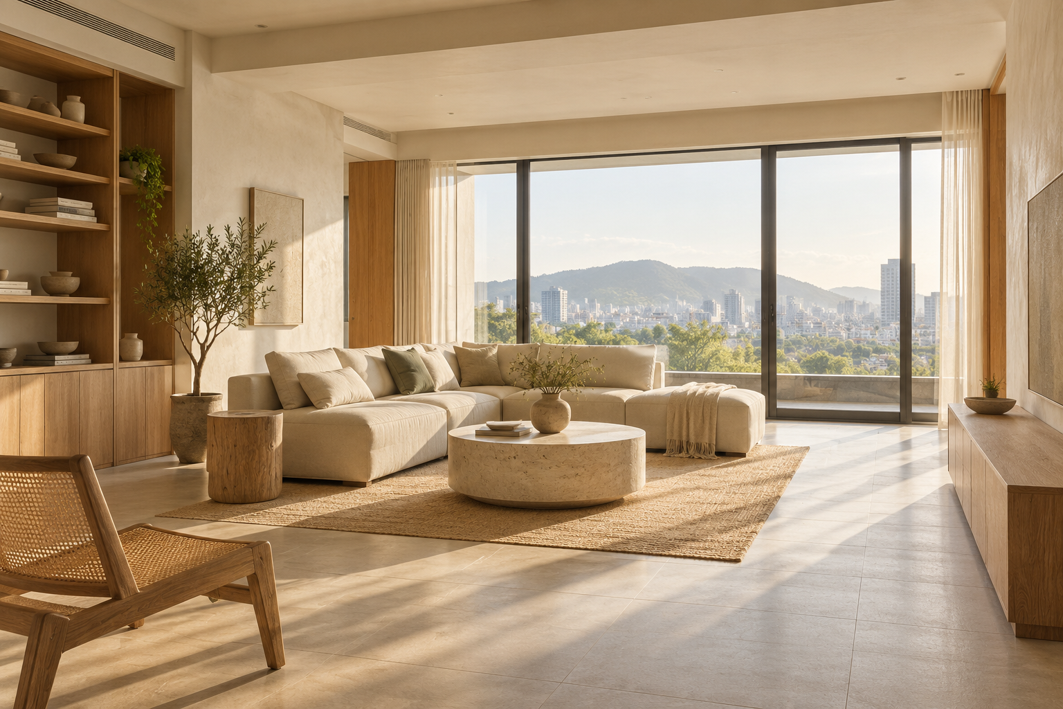 AI-generated concept of a warm, sunlit living room with a low sofa, timber and stone
